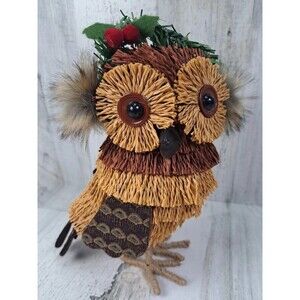Decor Hoot Owl Figurine Straw Twine Faux Fur Button Eyes Sprig Cottage Rustic